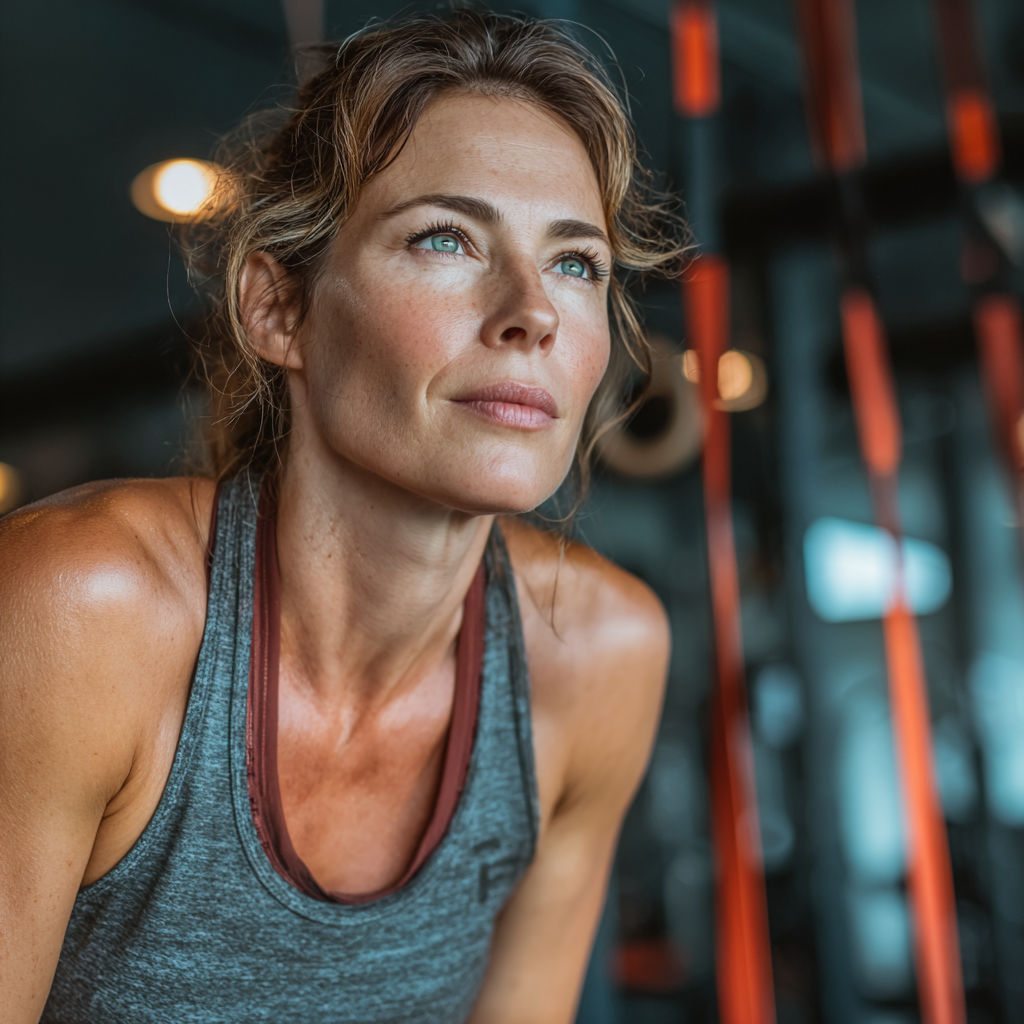 A focused middle-aged woman in her late 40s performing functional fitness exercises with resistance bands in a modern gym setting, demonstrating proper form and concentration during her workout routine