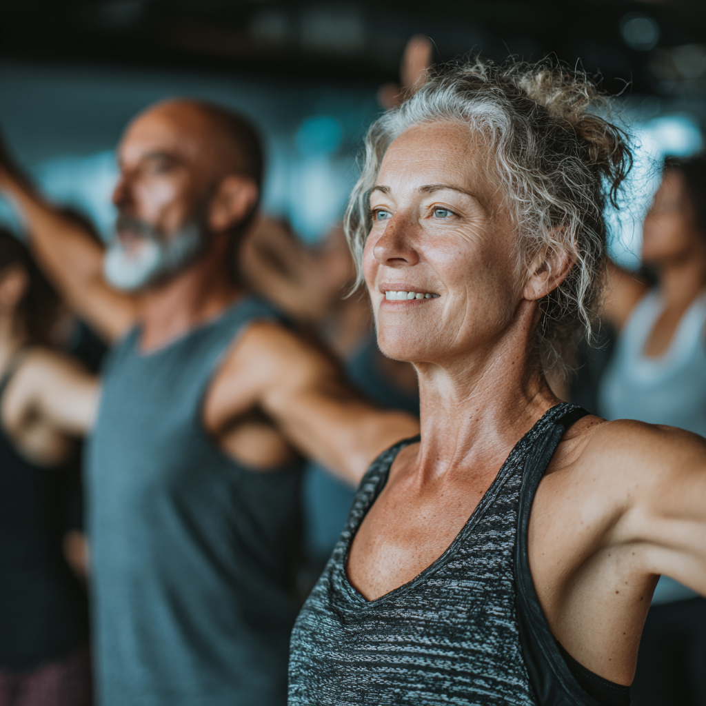 A group of mature adults in their 40s and 50s participating in a functional fitness class together, showing diverse body types and ethnicities all engaged in synchronized movement exercises, creating a supportive community atmosphere in a bright, modern fitness space